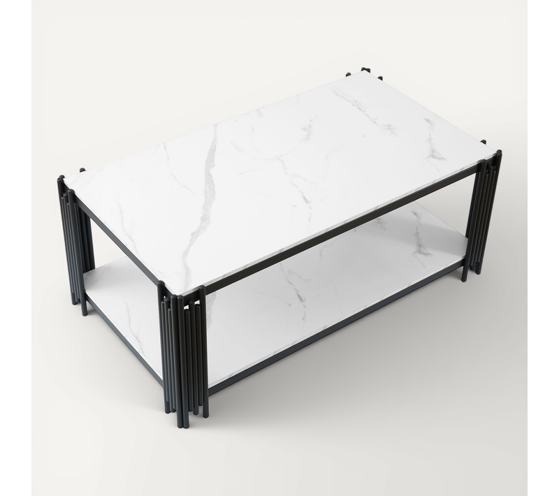Table Basse Rectangulaire Blanc Et Noir Avec Effet Marbre, Pieds En Métal Et Rangement