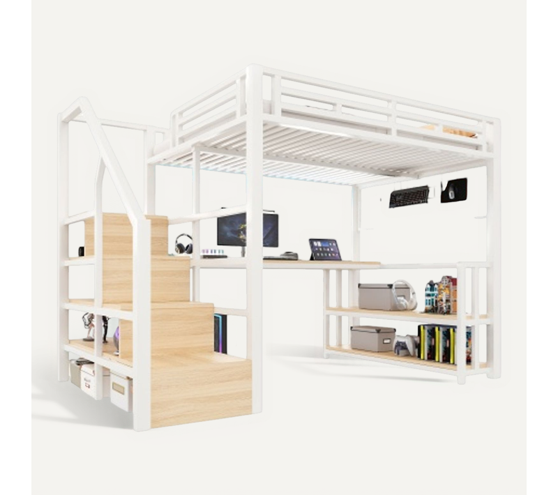 Lit Mezzanine 140x200 Cm, Avec Bureau, LED Et Ports USB Et Type-c, En Métal, Blanc