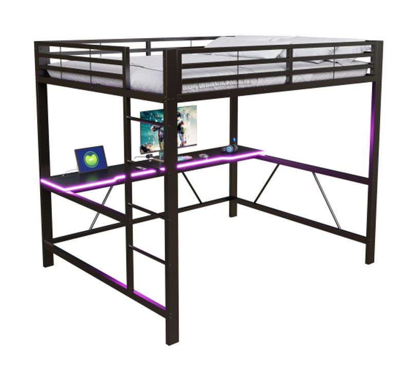 Lit Mezzanine 160x200 Cm Avec LED Et Ports USB Et Type-c, Avec Bureau, En Métal, Noir