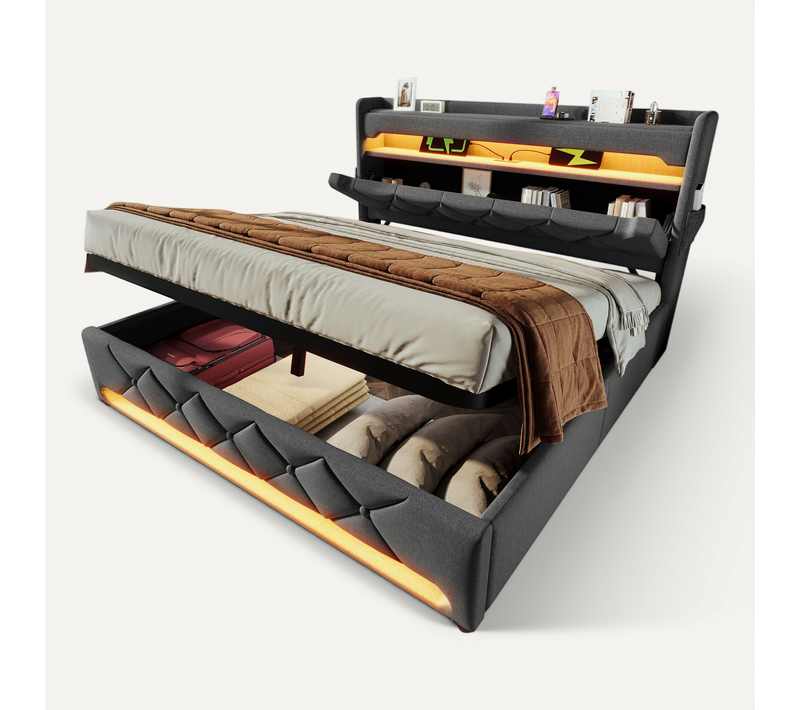 Lit Coffre 140x190 Cm, Lit Avec Tête De Lit De Rangement Avec Ports USB Et Type-c, En Tissu, Gris