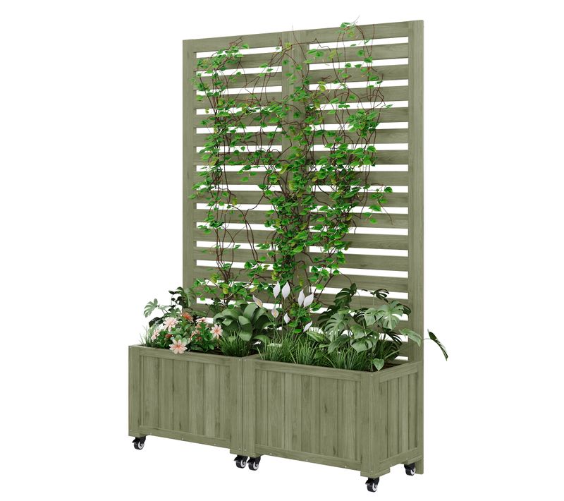 Bac à Plantes Avec Treillis Et Roulettes, En Bois Massif Vert, 2 Bacs, 102,5x32x152,5 Cm