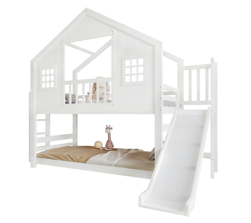 Lit Superposé 90x200 Cm, Avec Toboggan Et Lattes, Design Cabane En Bois, Blanc