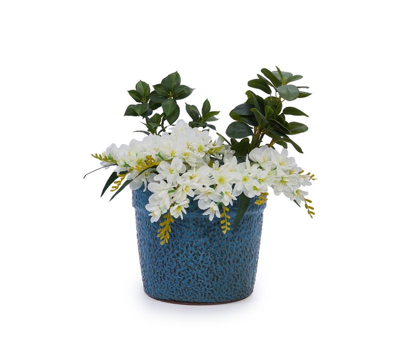 Pot De Fleurs En Céramique Bleu Antique Brillant Avec Trou De Drainage