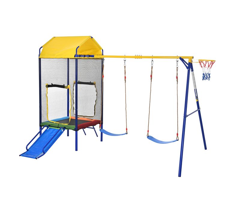 Aire De Jeux D'extérieure 4 En 1 Avec Trampoline, Double Balançoire, Toboggan Et Panier