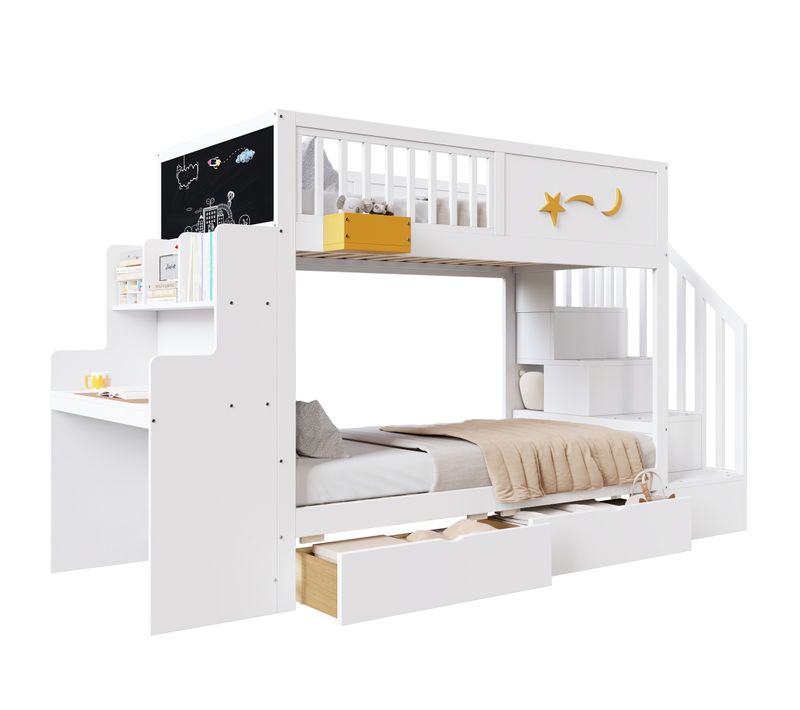 Lit Superposé 90x200 Cm, Lit Enfant Avec 2 Tiroirs Et Bureau, Avec Lattes, En Bois, Blanc
