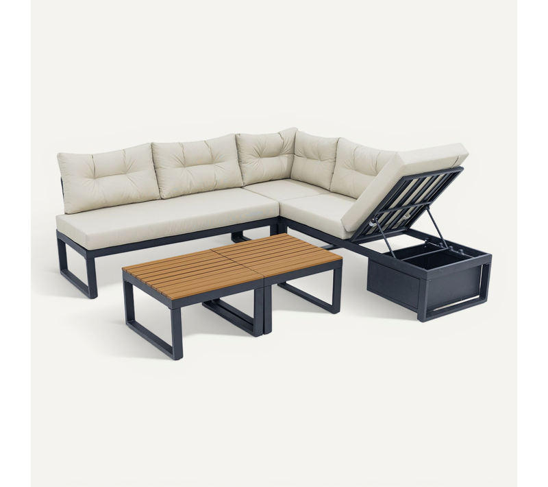Salon De Jardin Modulable Beige Avec Dossier Réglable 3 Positions Et Rangement