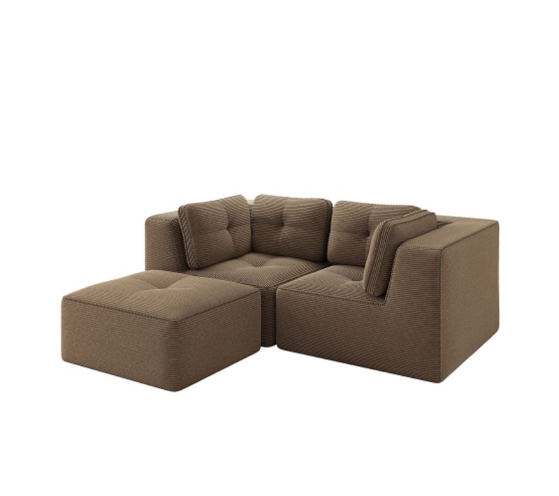 Canapé  Modulaire 2 Places En Velours Côtelé Avec Pouf Mobile, Marron