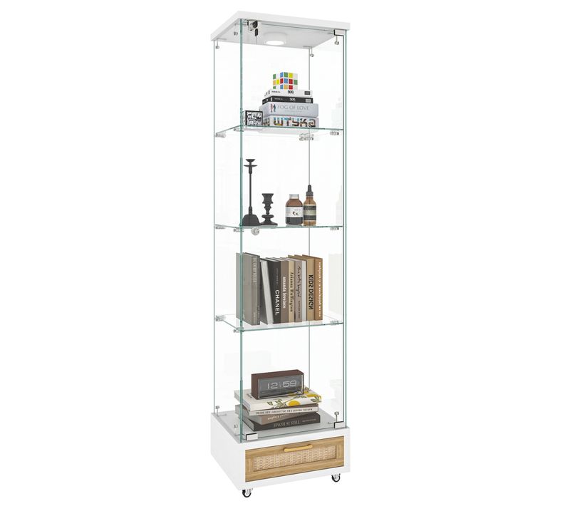 Vitrine En Verre Trempé Avec 1 Porte, 4 étagères, 2 Tiroirs, LED, Roulettes, Blanc