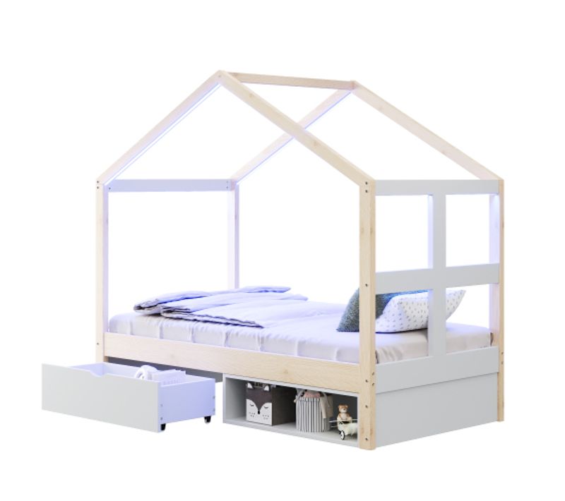 Lit Cabane 90x190 Cm, Lit Enfant Avec Tiroir, Meuble à Chaussures Et LED, Lit En Bois, Naturel