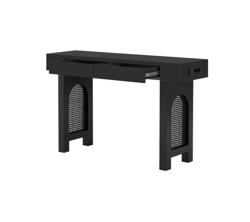 Table Console Noire 120x35.5x76.5 Cm Avec 2 Tiroirs Et Prises Intégrées