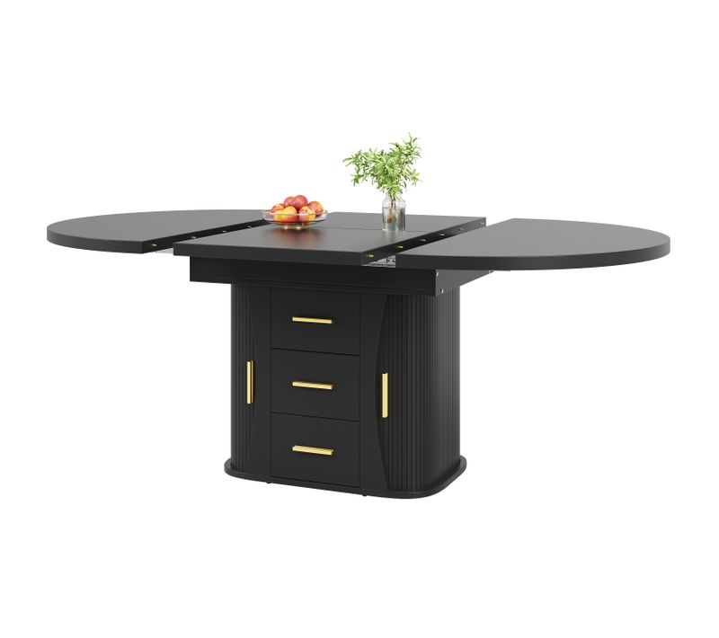 Table à Manger Extensible Ronde à Ovale 118-158 Cm En Mdf Noir, 6 Places