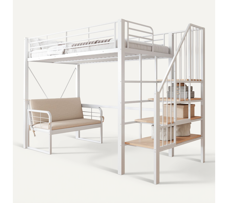 Lit Mezzanine 90x200 Cm, Escalier De Rangement Et Banquette Amovible, En Métal, Blanc