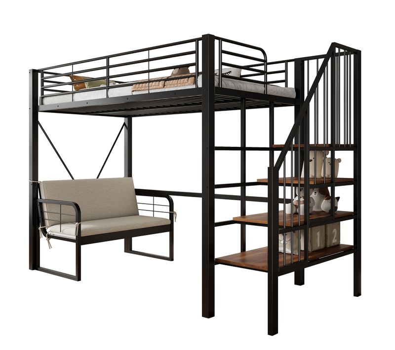Lit Mezzanine 90x200 Cm, Escalier De Rangement Et Banquette Amovible, En Métal, Noir