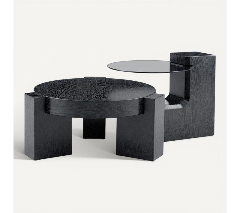Lot De 2 Table Basse Ronde Gigogne Noire Et Verre Gris Avec Rangement