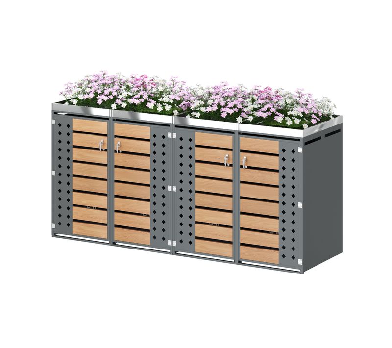 Cache-poubelles 4 Compartiments Verrouillable Avec Jardinière Intégrée Acier Gris Effet Bois