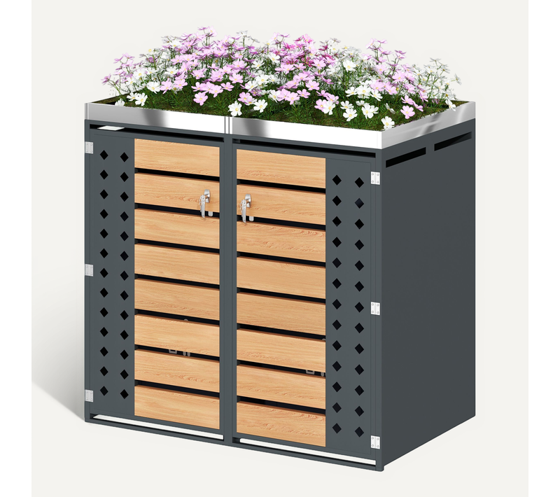 Cache-poubelles D'extérieur 2 Compartiments En Acier Galvanisé Gris Effet Bois Avec Bac à Plantes
