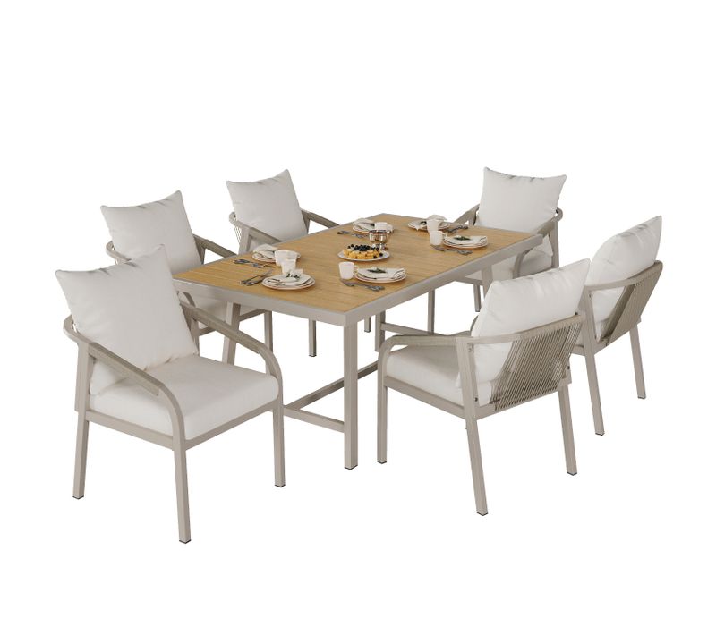 Salon De Jardin Repas 6 Places Khaki, Table Plateau Wpc + 6 Chaises, Structure Acier Galvanisé