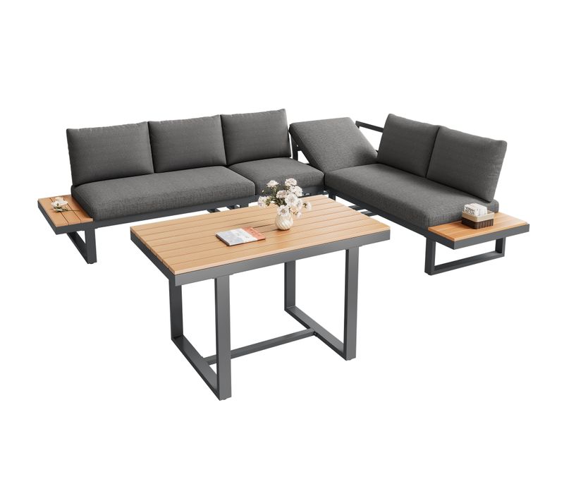 Salon De Jardin D’angle 4 Places Avec Table 105x70 Cm, Dossier Inclinable 5 Positions, Gris Et Noir