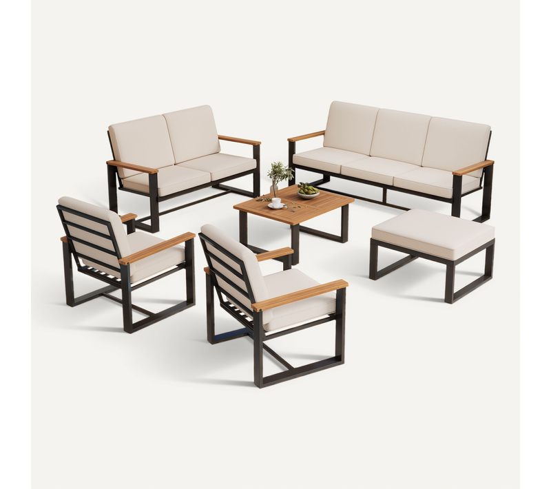 Salon De Jardin 8 Places En Acier Galvanisé Et Acacia, Avec Table Basse Et Repose-pieds, Beige
