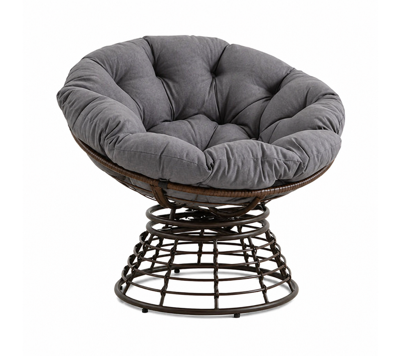 Fauteuil Papasan Pivotant à 360°, En Rotin Pe Et Acier, Coussin épais, Gris