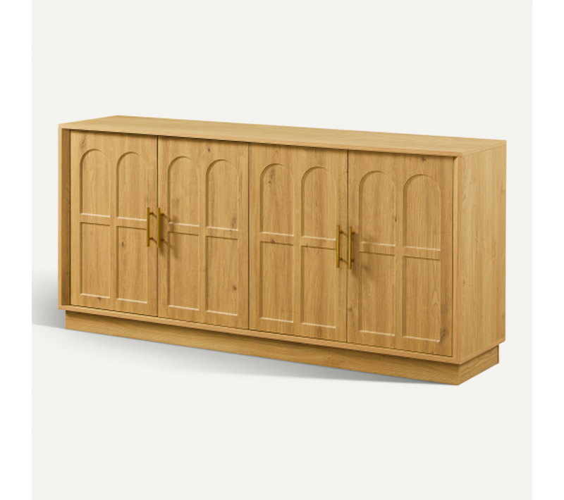 Buffet 4 Portes Incurvées 169x40x80 Cm, En Mdf, Finition Naturelle