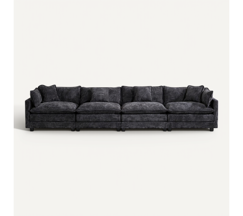 Canapé Modulable 4 Places En Chenille Noire Avec Coussins, Sans Repose-pieds