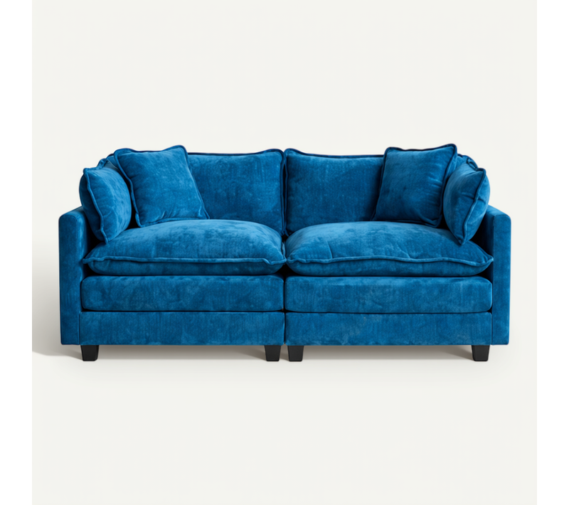 Canapé Modulable 2 Places En Chenille Bleue Avec Coussins Dossier, Sans Repose-pieds