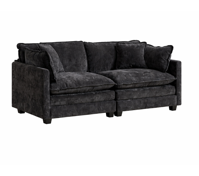 Canapé Modulable 2 Places En Chenille Noire Avec Coussins, Sans Repose-pieds