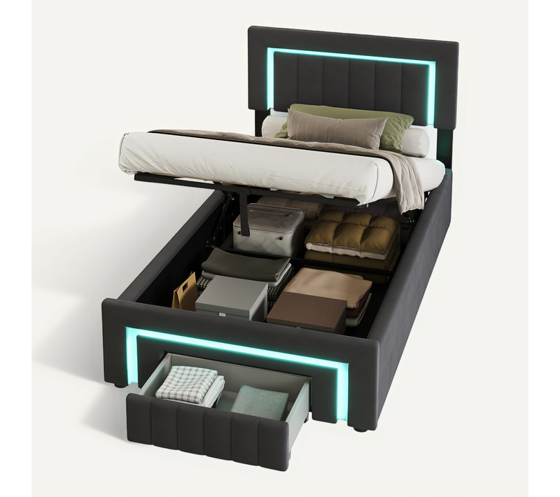 Lit Coffre Enfant 90x190 Cm, Lit Avec LED, Tiroirs, Cadre De Lit En Métal, En Velours, Gris