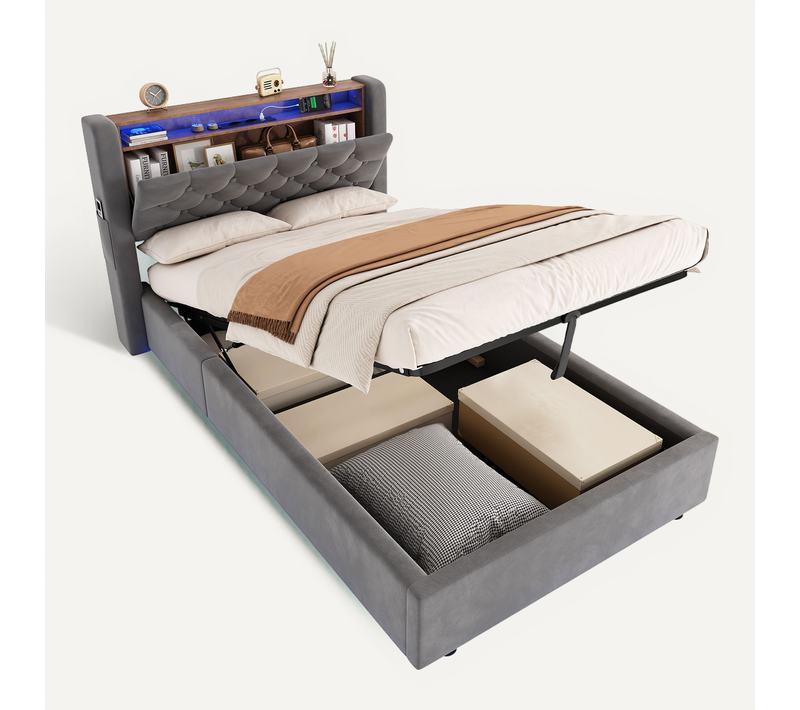 Lit Coffre Enfant 90x200 Cm Avec LED, Tête De Lit Avec Rangement, Prise électrique, En Velours, Gris