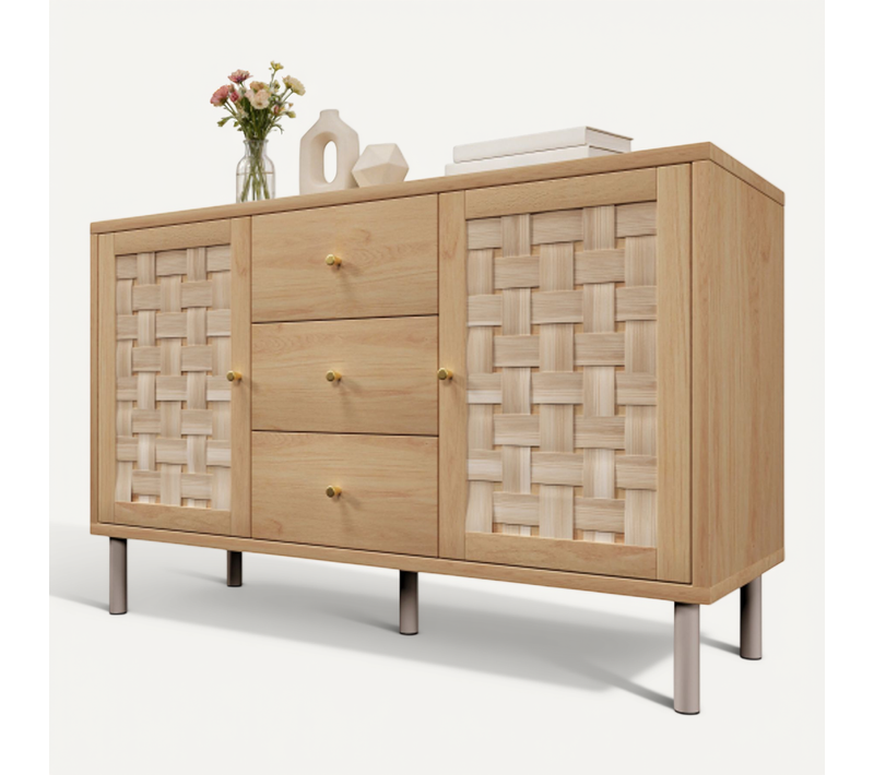 Buffet Pour Salon Et Cuisine Avec 2 Portes Et 3 Tiroirs, étagères Réglables, Pieds En Métal, Chêne