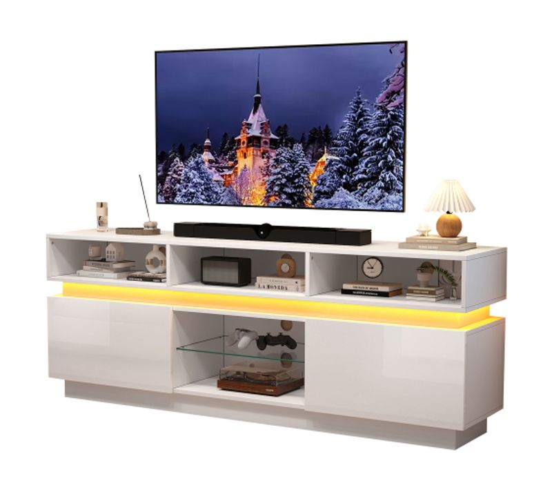 Meuble TV Blanc Brillant 160x35x60 Cm Avec LED, Niche Ouverte