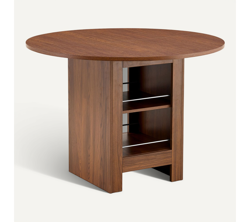 Table à Manger Ronde 100 Cm Avec Rangement Ouvert, Finition Noyer, Pour 4 à 6 Personnes
