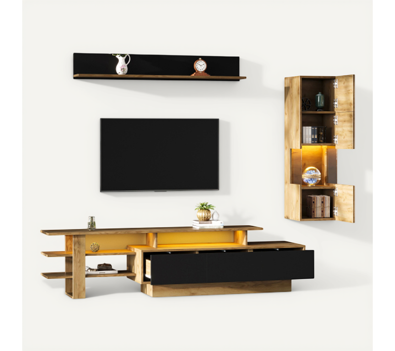 Ensemble De Meuble TV 180 Cm Avec Vitrine Et étagère Murale, Avec LED, 3 Tiroirs, Noir Et Bois