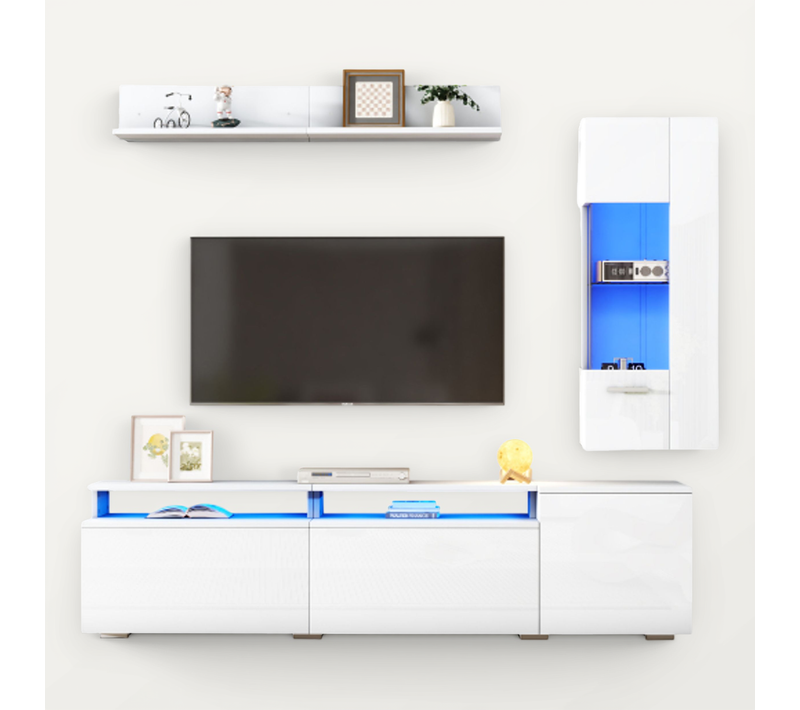 Ensemble De Meuble TV Blanc Brillant 180 Cm Avec Vitrine Et étagère Murale, LED, étagères En Verre