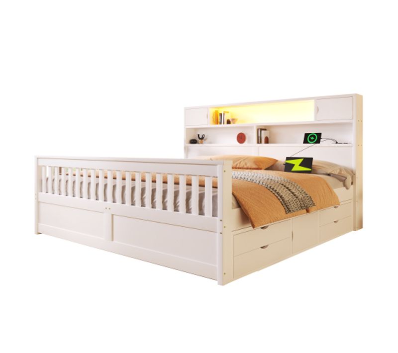 Lit Adulte 180x200 Cm, Lit Avec Tête De Lit De Rangement LED, Avec Lattes, En Bois, Blanc