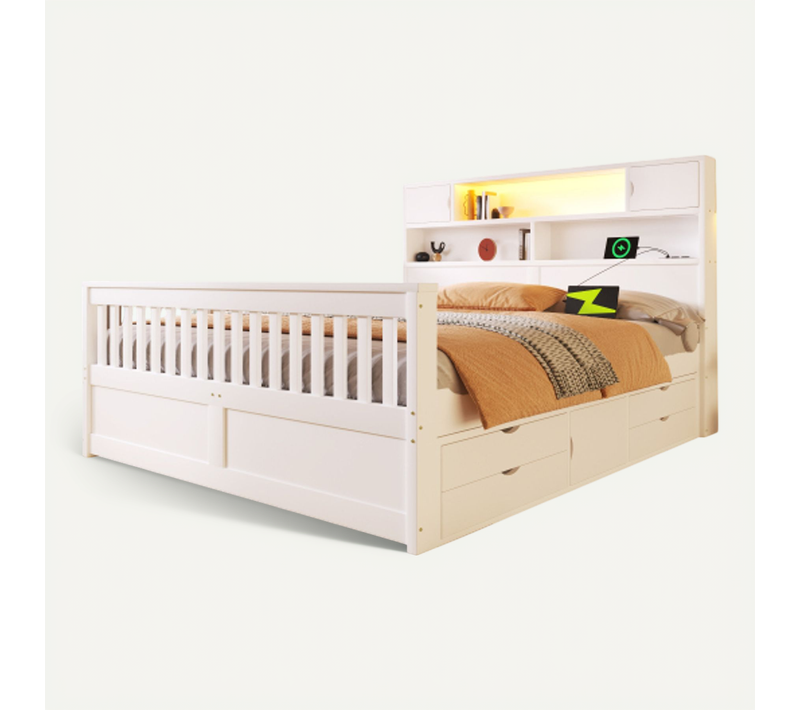 Lit Adulte 160x200 Cm Avec Tête De Lit De Rangement Et 4 Tiroirs, Avec Lattes, En Bois, Blanc