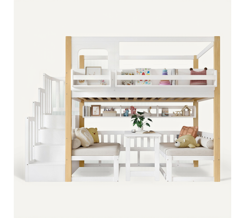 Lit Superposé 90x200 Cm, Table Rabattable Et Escalier Rangement, En Bois, Blanc Et Naturel