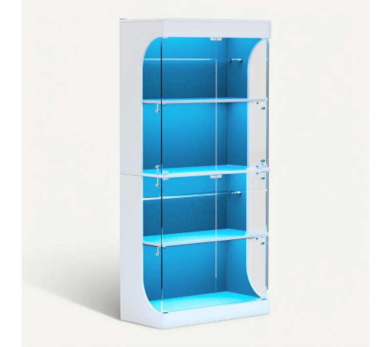 Vitrine Blanche 4 Niveaux Avec éclairage LED, Capteur, Station De Charge, Portes Vitrées