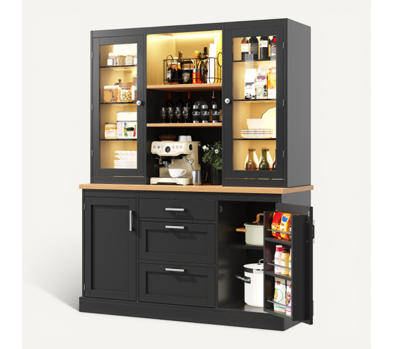 Buffet De Cuisine Haut Avec éclairage LED Rgb, 3 Tiroirs, étagères Réglables, Plateau En Mdf, Noir