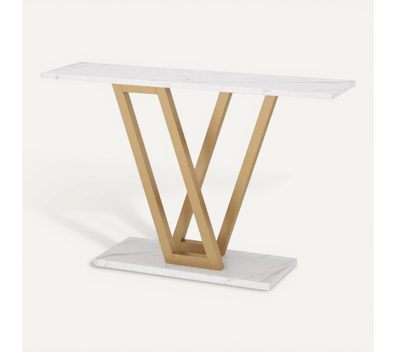 Table Console 110x30x80 Cm, Structure En Métal Doré Et Plateau Blanc