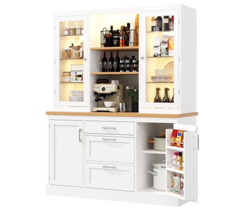 Buffet De Cuisine Haut Avec LED, 3 Tiroirs, étagères Réglables, Plateau En Mdf, Blanc