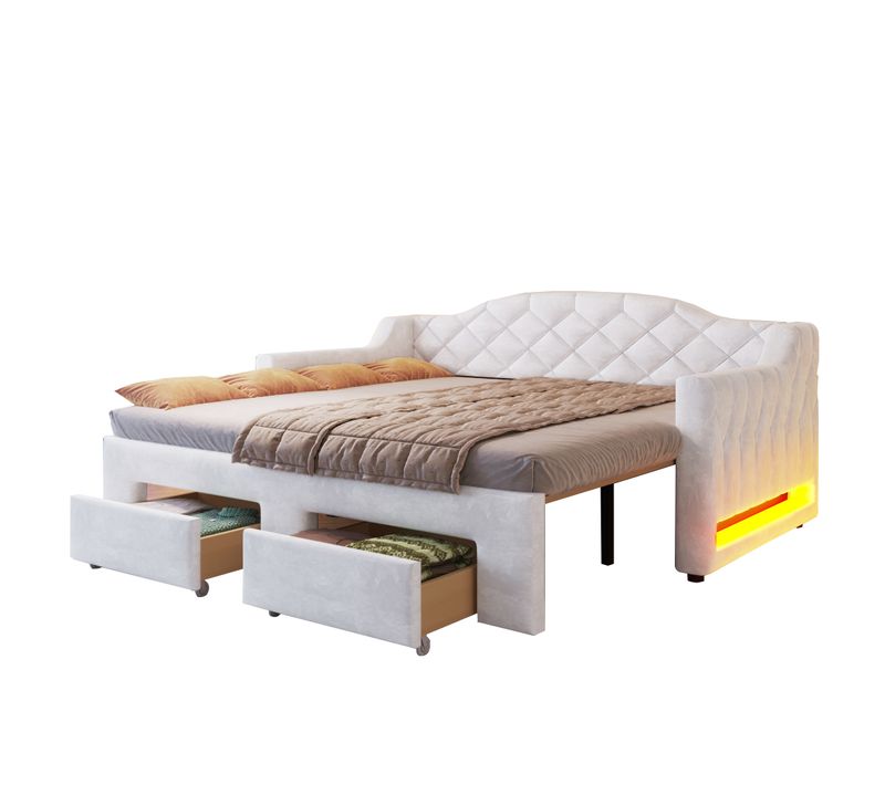 Lit Gigogne 90/180x200 Cm Avec 2 Tiroirs Et LED, Avec Lattes, En Tissu, Blanc