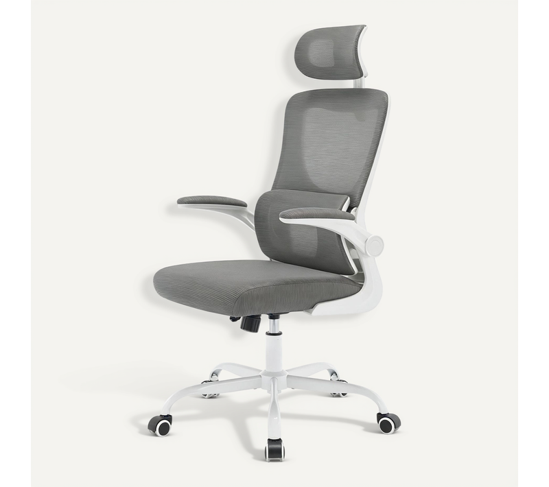Chaise De Bureau Ergonomique En Maille, Appui-tête Et Accoudoirs Rabattables, Gris