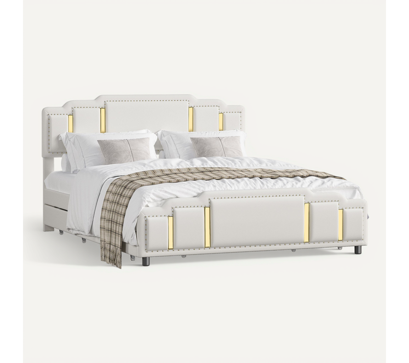 Lit Adulte 160x200 Cm, Lit Avec 4 Tiroirs Et LED, Avec Tête De Lit, En Velours, Beige