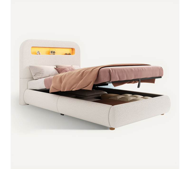 Lit Coffre Enfant 90x200 Cm Avec Tête De Lit Et Sommier à Lattes, En Bouclette, Blanc