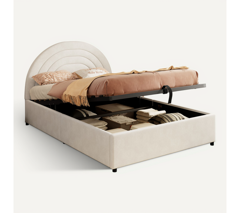 Lit Coffre 140x190 Cm, Lit Avec Rangemnet, Tête De Lit Et Sommier à Lattes, En Velours, Beige