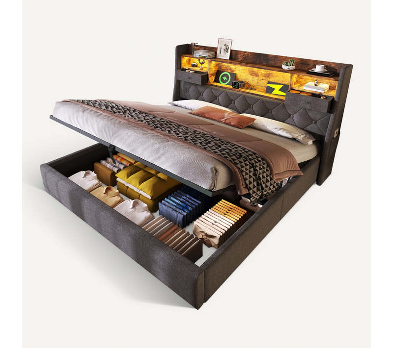 Lit Coffre 140x190 Cm Avec Tête De Lit De Rangement Et LED, Avec Sommier à Lattes, En Bois, Gris