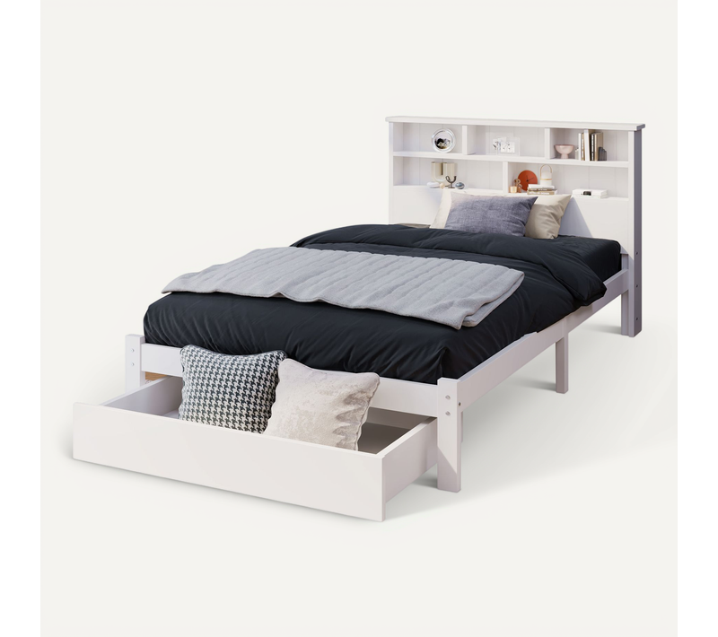 Lit Avec Rangement 90x200 Cm - Lit Simple Avec Tête De Lit - Confortable - Stable - Blanc