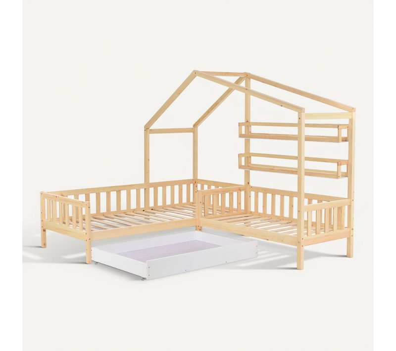 Lit Cabane 90x200 + 140x70 Cm - Lit Combiné L - Forme Sécurisé Avec Tiroirs Et Étagères - Naturel